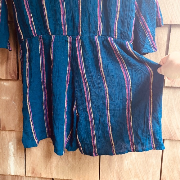 Elan 3/4 Sleeve Faux Wrap Surplice Stripe Pink Romper In Blue Viscose  Size L - Picture 16 of 16